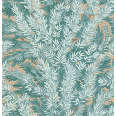 Teal wallcovering featuring the Florencecourt pattern by Cole and Son, with botanical and floral design in shades of blue and green on a textured background