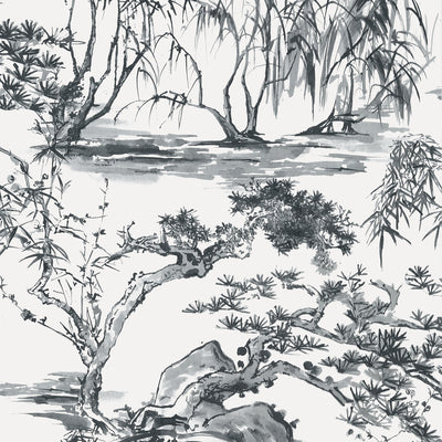 Anna French wallcovering, Kyoto pattern , Black color, Chinoiserie,Leaves,Toile style type , pattern number  AT9829