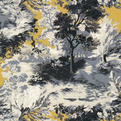 Thibaut Design wallcovering, Lincoln Toile pattern , Yellow , Grey color, Leaves,Toile style type , pattern number  T10869