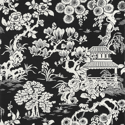 Thibaut Design wallcovering, Japanese Garden pattern , Black color, Chinoiserie,Floral,Texture, Embossed,Toile style type , pattern number  T13308