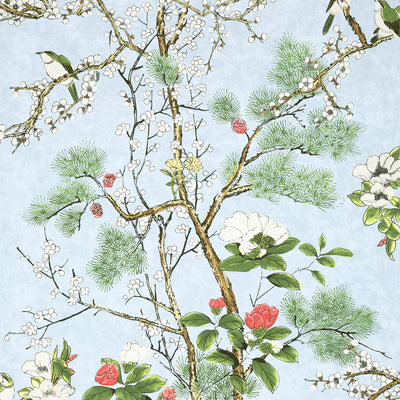 Thibaut Design wallcovering, Katsura pattern , Blue color, Birds,Chinoiserie,Floral,Leaves style type , pattern number  T13620