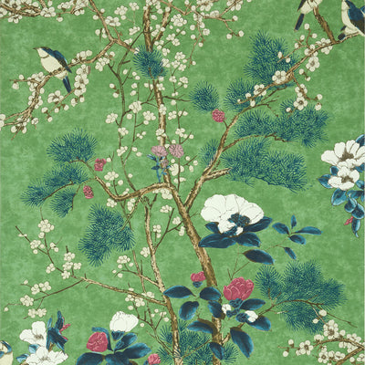 Thibaut Design wallcovering, Katsura pattern , Green , White color, Birds,Chinoiserie,Floral,Leaves style type , pattern number  T13623