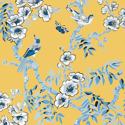Thibaut Design wallcovering, Yukio pattern , Yellow color, Butterflies , Bugs,Birds,Chinoiserie,Floral,Leaves style type , pattern number  T20840