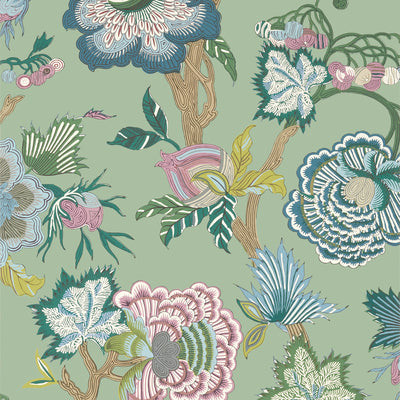 Thibaut Design wallcovering, Indienne Jacobean pattern , Seaglass , Gold color, Ethnic,Floral,Jacobean style type , pattern number  T36416