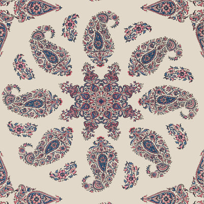 Thibaut Design wallcovering, East India pattern , Raspberry , Blue , Natural color, Ethnic,Medallions,Paisley style type , pattern number  T36430