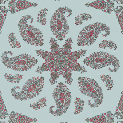 Thibaut Design wallcovering, East India pattern , Raspberry , Teal color, Ethnic,Medallions,Paisley style type , pattern number  T36431