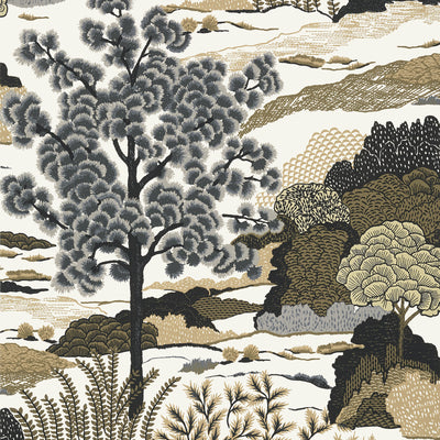 Thibaut Design wallcovering, Daintree pattern , Black , Grey color, Chinoiserie,Floral,Leaves style type , pattern number  T85041