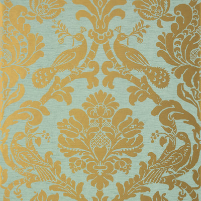 Thibaut Design wallcovering, Passaro Damask pattern , Metallic Gold , Aqua color, Birds,Damask style type , pattern number  T89141