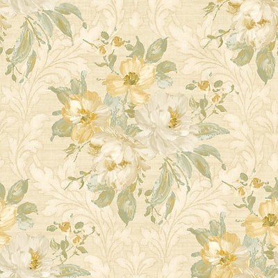 SCALAMANDRE WALLCOVERING-WMAMF030403-PAINTED FLOWERS DAMASK-WHITE YELLOW