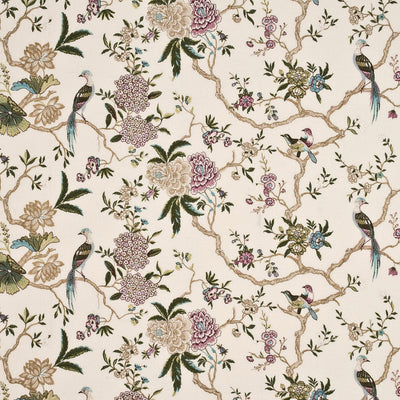 G P & J BAKER FABRICS - ORIENTAL BIRD EMBROIDERY LINEN - CREAM/MULTI