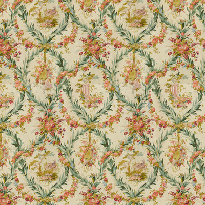 BRUNSCHWIG & FILS - FONTAINEBLEAU GLAZED CHINTZ - RED GREEN AND GOLD ON CREAM