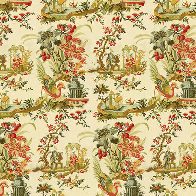 BRUNSCHWIG & FILS - LE LAC LINEN PRINT - TEAL AND MELON ON CREAM