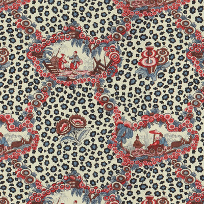 BRUNSCHWIG & FILS - CHINESE LEOPARD TOILE - SHADES OF RED & BLUE