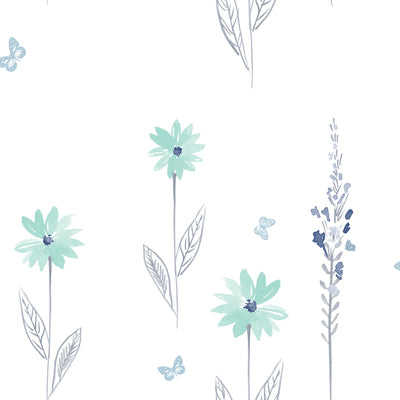 SEABROOK WALLPAPER-DAISY FIELD-TEAL AND GRAY-DA62604