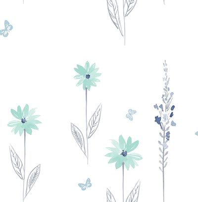 SEABROOK WALLPAPER-DAISY FIELD-TEAL AND GRAY-DA62604