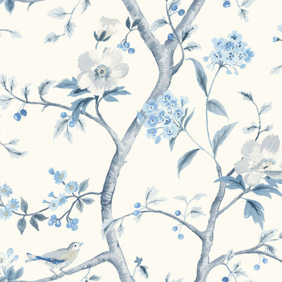 SEABROOK WALLPAPER-SOUTHPORT FLORAL TRAIL-EGGSHELL AND BLUE SHALE -LN11102