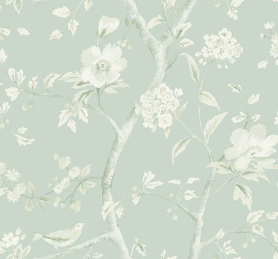 SEABROOK WALLPAPER-SOUTHPORT FLORAL TRAIL-SEA GLASS AND IVORY-LN11104