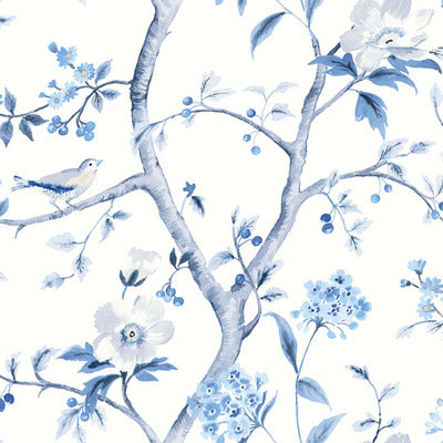 SEABROOK -SOUTHPORT FLORAL TRAIL FABRIC-EGGSHELL AND BLUE SHALE -LN11902F