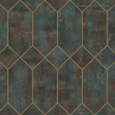 SEABROOK WALLPAPER-GEO FAUX-RUST, FOREST GREEN, AND METALLIC GOLD-LW51606