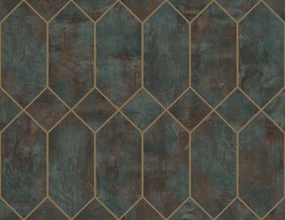 SEABROOK WALLPAPER-GEO FAUX-RUST, FOREST GREEN, AND METALLIC GOLD-LW51606