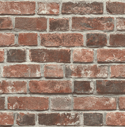 SEABROOK WALLPAPER-DISTRESSED RED BRICK-RED, CHARCOAL, & GRAY-NW31700