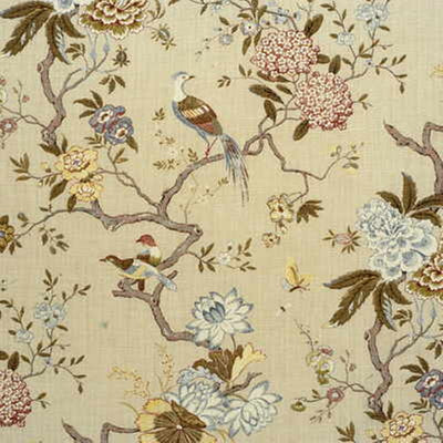 G P & J BAKER FABRICS - ORIENTAL BIRD - OLIVE/STONE
