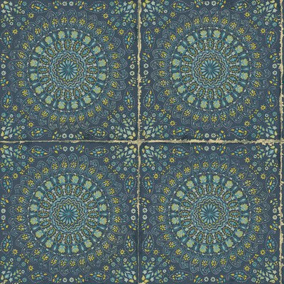 SEABROOK WALLPAPER-MANDALA BOHO TILE-NAVY BLUE AND DANDELION-RY30712