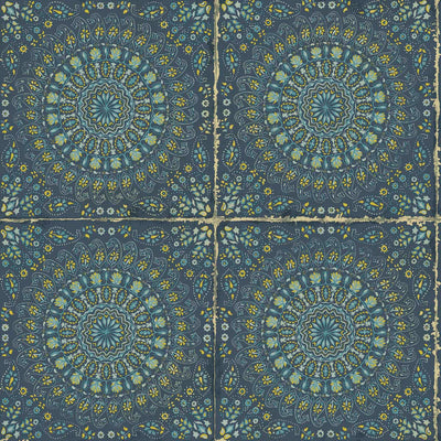 SEABROOK WALLPAPER-MANDALA BOHO TILE-NAVY BLUE AND DANDELION-RY30712