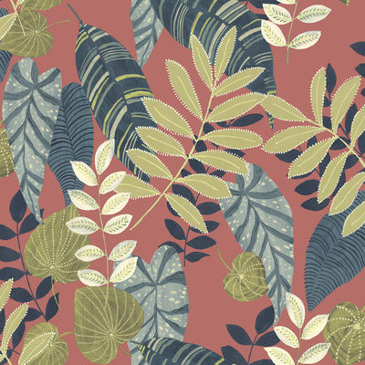 SEABROOK WALLPAPER-TROPICANA LEAVES-REDWOOD, OLIVE, AND WASHED DENIM-RY30906