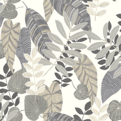SEABROOK WALLPAPER-TROPICANA LEAVES-CHARCOAL, STONE, AND DAYDREAM GRAY-RY30908
