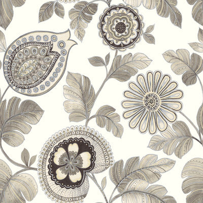 SEABROOK WALLPAPER-CALYPSO PAISLEY LEAF-STONE AND LATTE-RY31200
